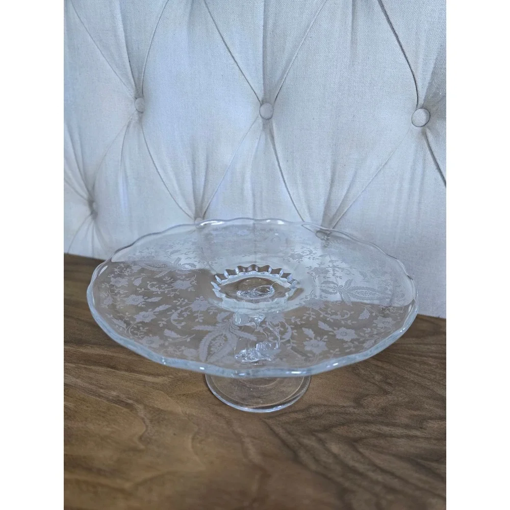 Elegant etched glass pedestal cake stand floral pattern